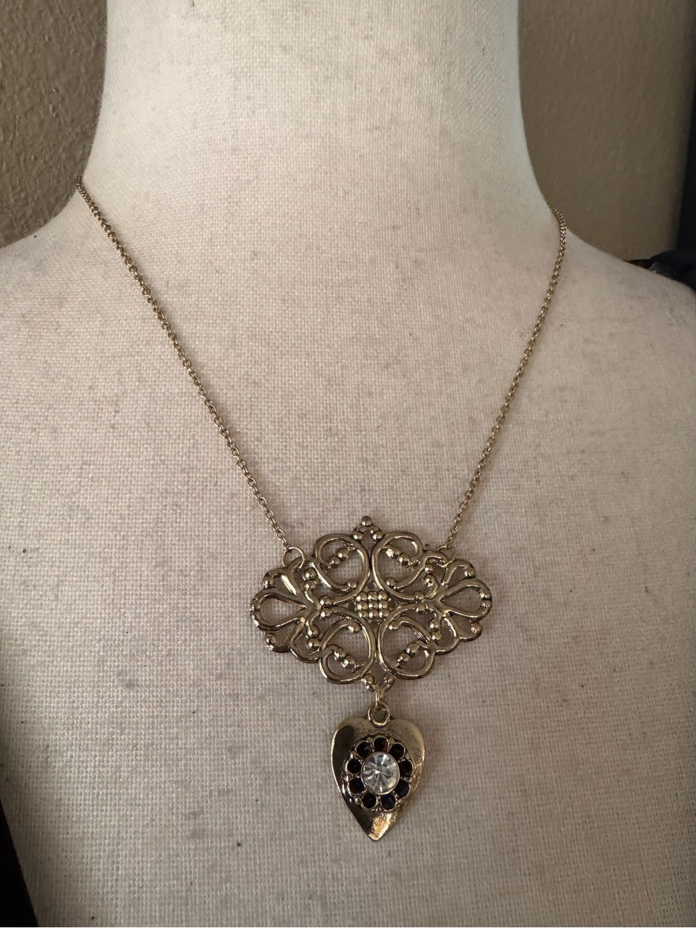 ASOS Gold Filigree Necklace with Heart Pendant and Black Accents